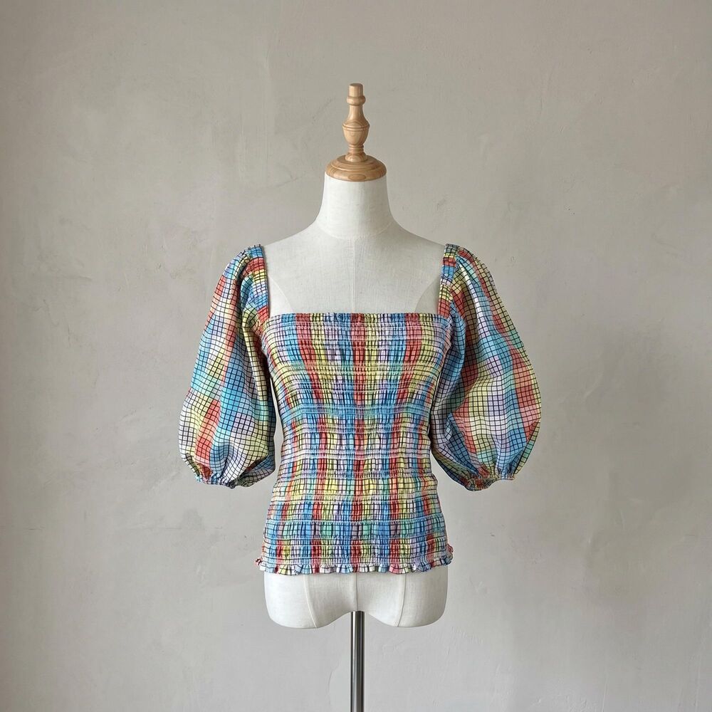 Ganni Puff Sleeve Smocked Top in Pastel Rainbow Plaid | IT32, XS